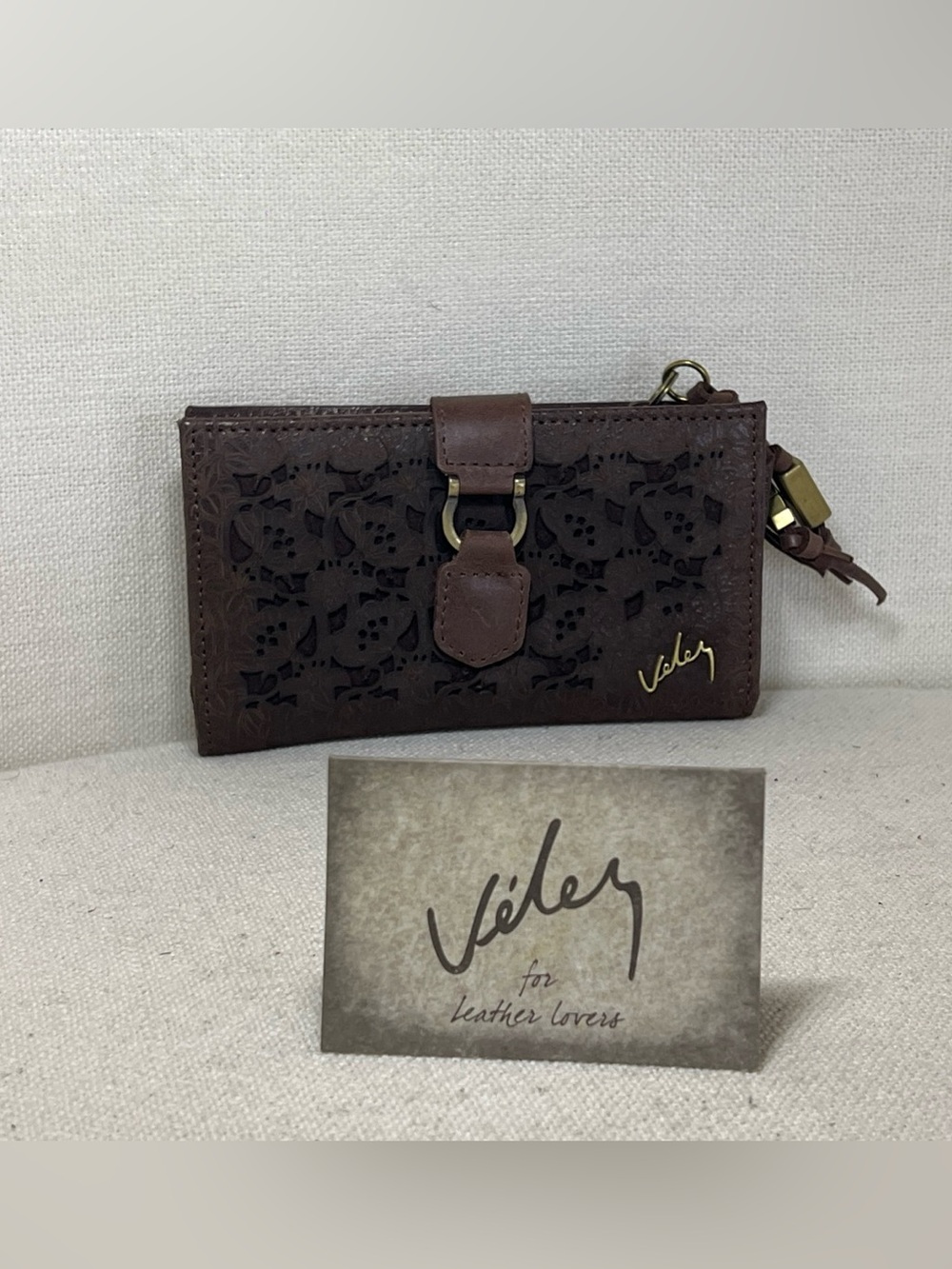 Brown Laser-Cut Leather Wallet with Buckle Accent
